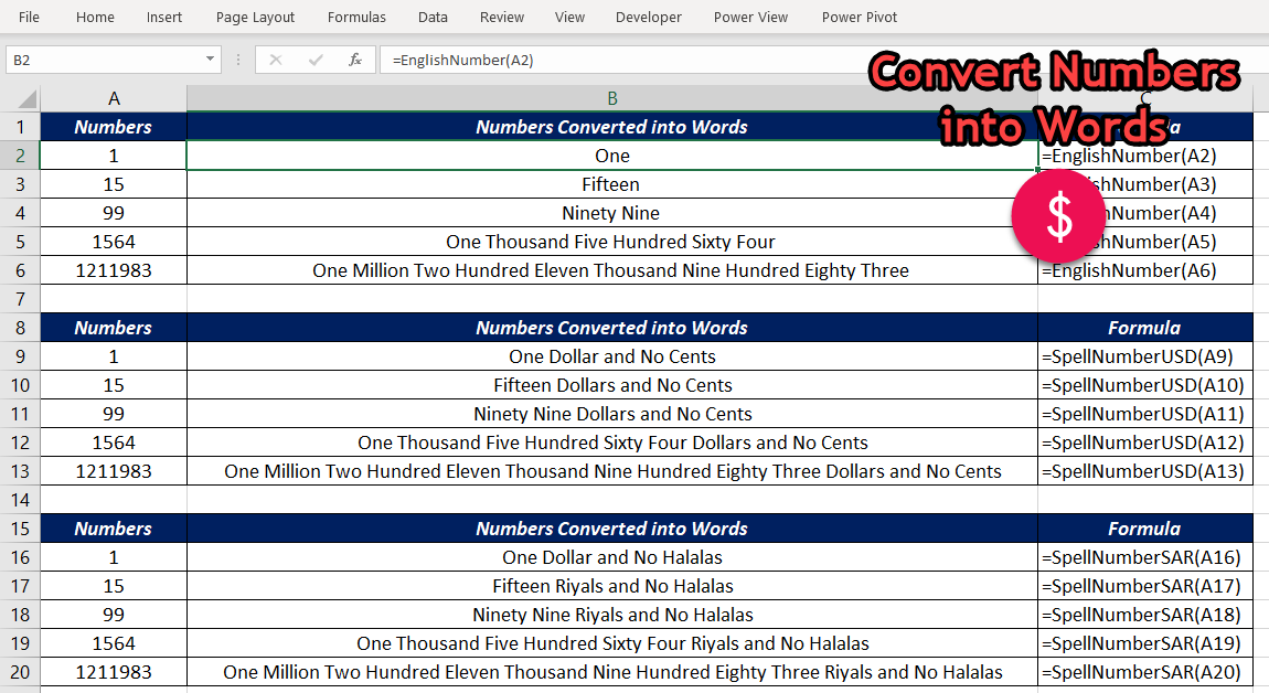 Numbers into Words Excel