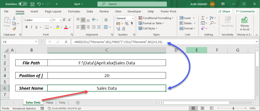 excel how to call sheet name