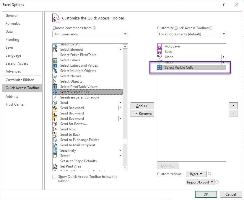 Select visible cells excel где