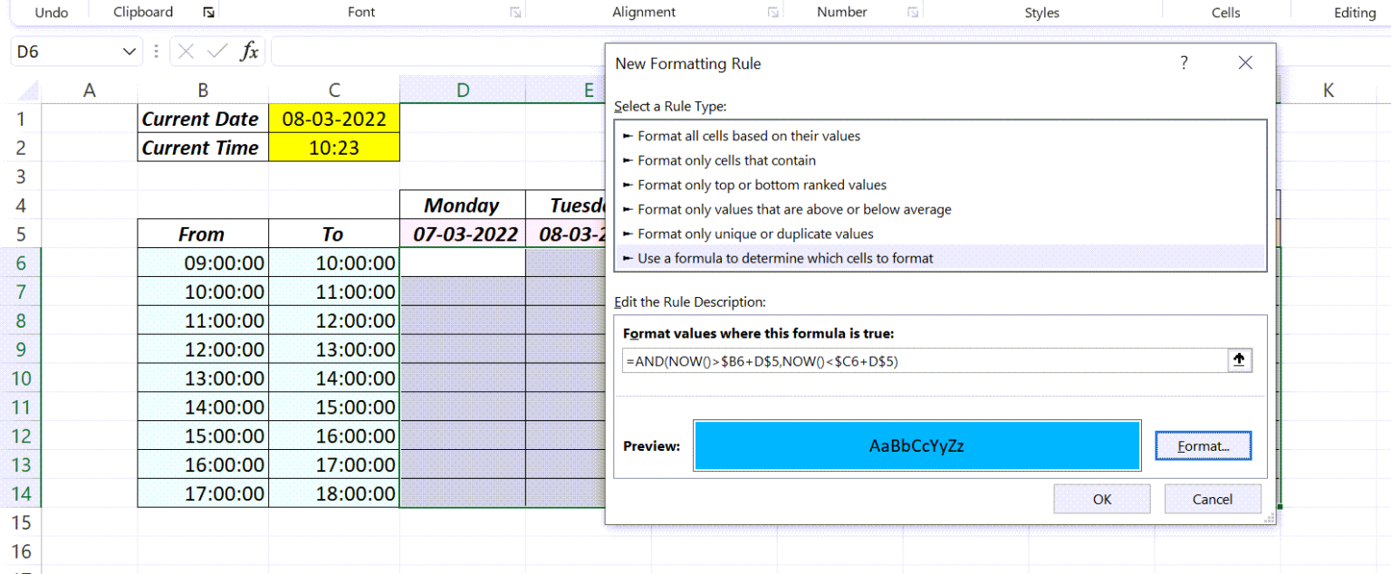 Highlight cells according to current time in excel xl n cad