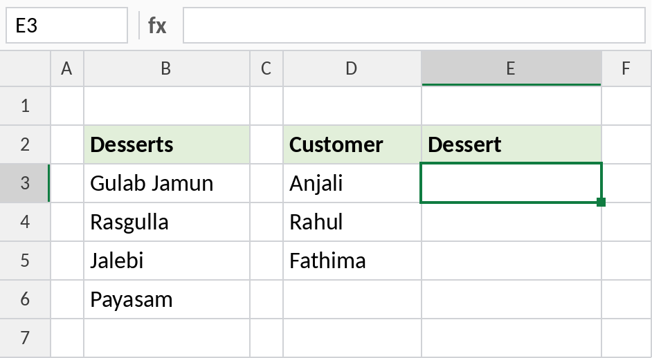 A list of Indian desserts in B3:B6 and an empty Dessert column