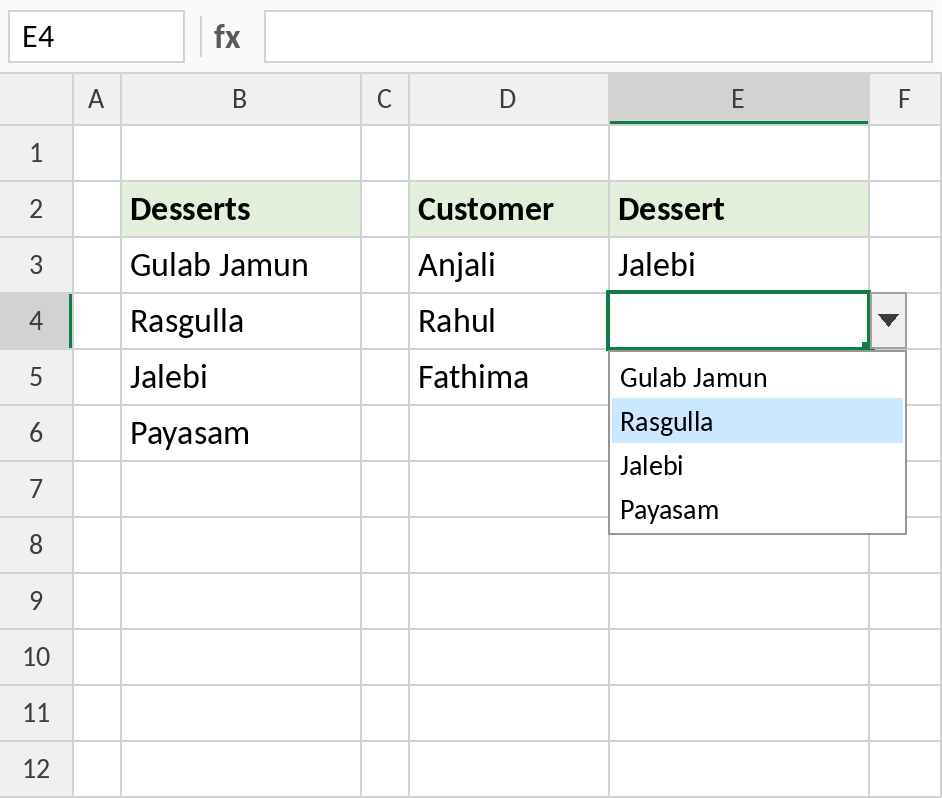 Drop-down list open in E4 showing the four desserts