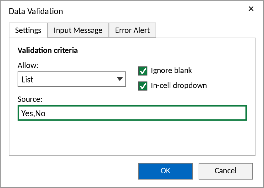 Data Validation with Yes,No typed in the Source box