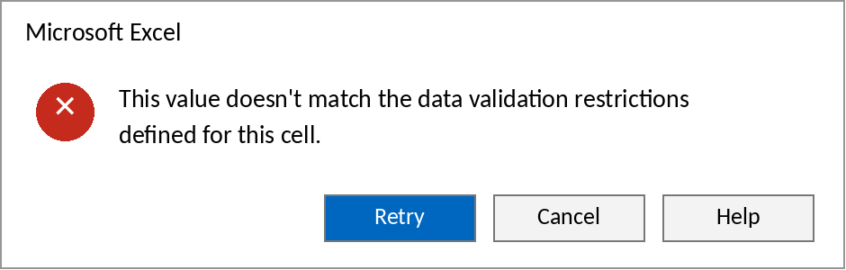 Excel's error message when a value isn't in the list