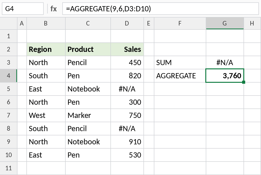 Excel AGGREGATE summing a range while ignoring #N/A errors
