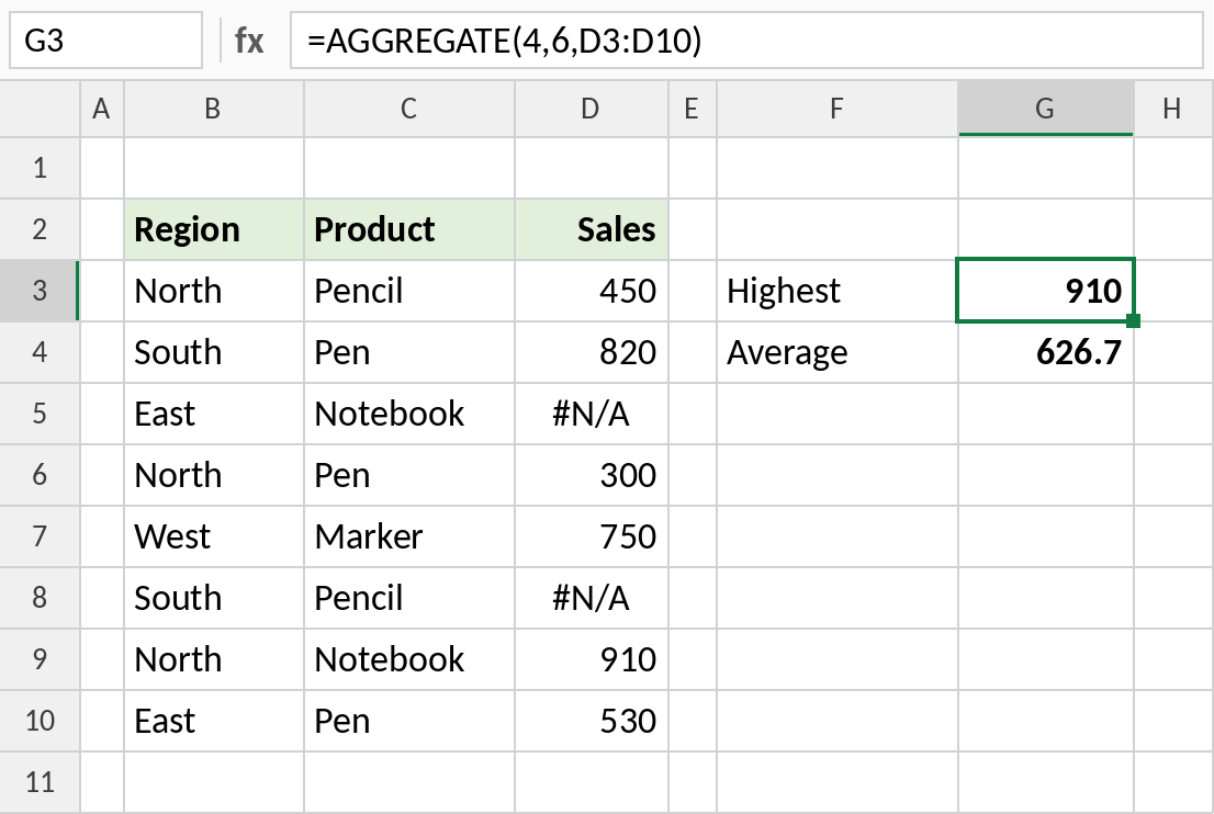 Excel AGGREGATE finding the maximum and average while ignoring errors