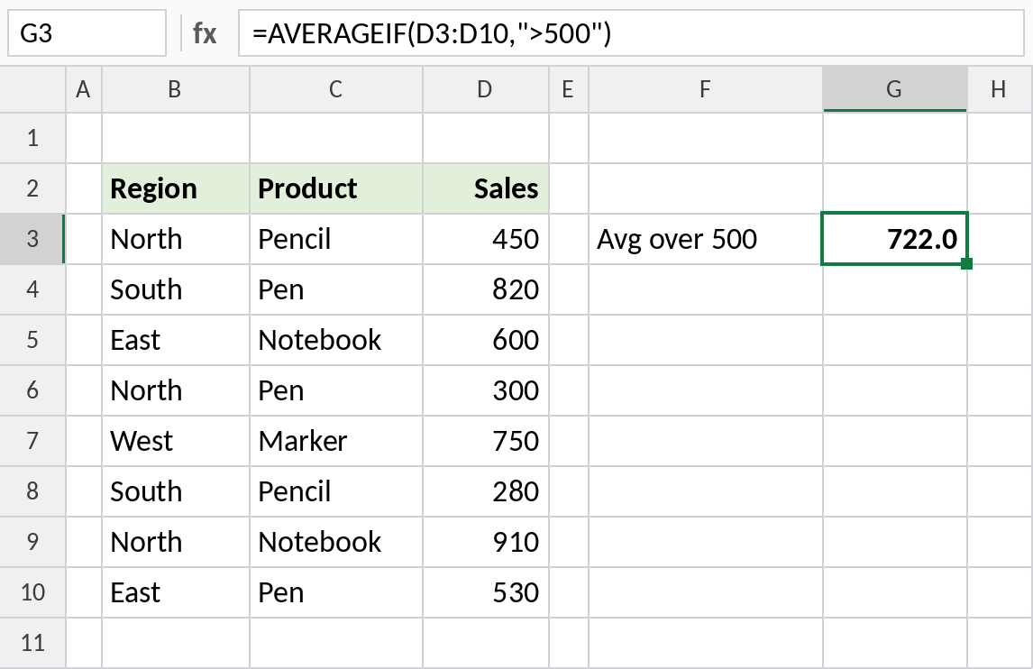 Excel AVERAGEIF averaging sales over 500, result 722