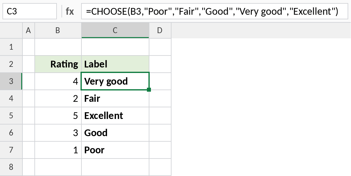 Excel CHOOSE converting 1 to 5 ratings into labels