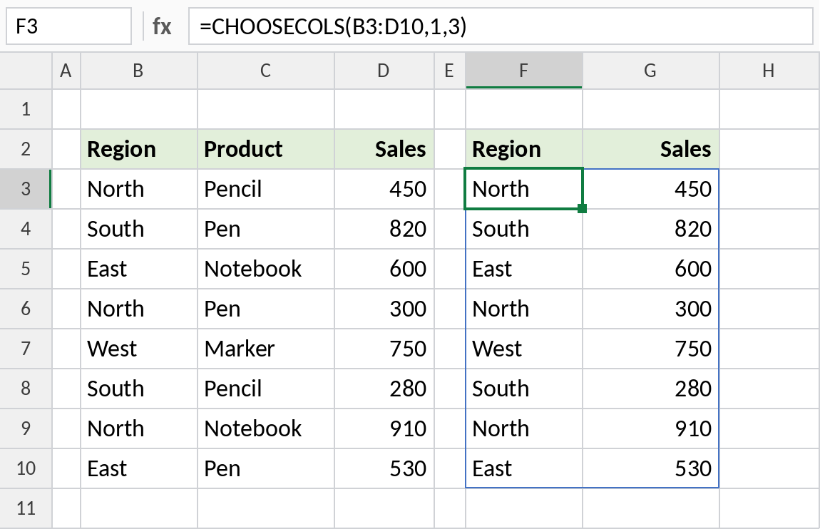 Excel CHOOSECOLS returning the first and third columns of a table