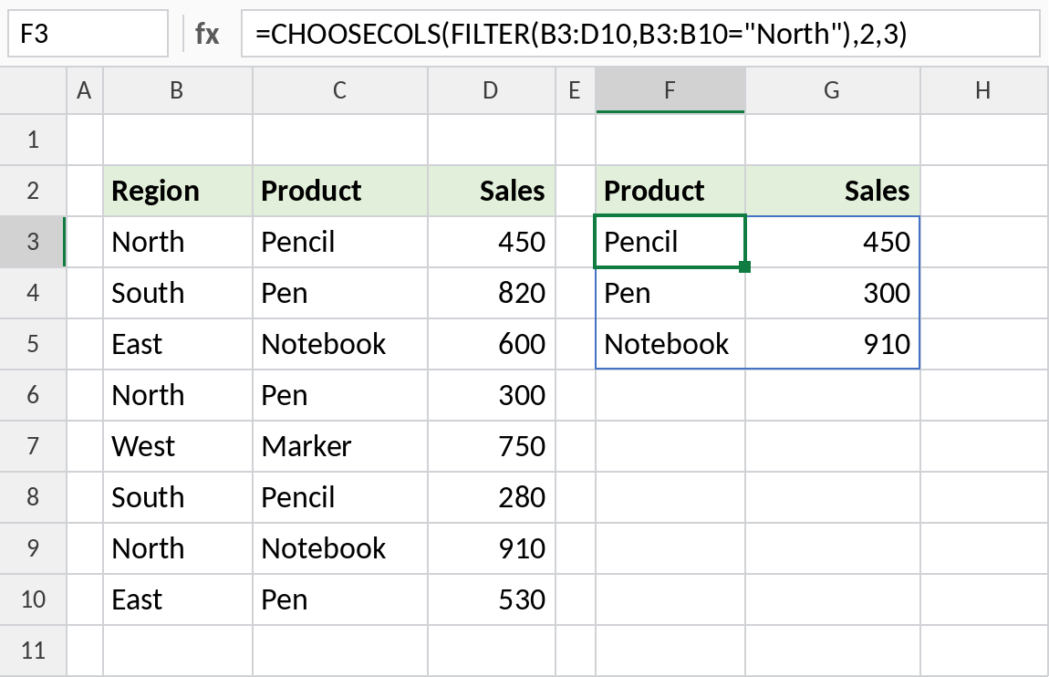 Excel CHOOSECOLS with FILTER returning only product and sales for North