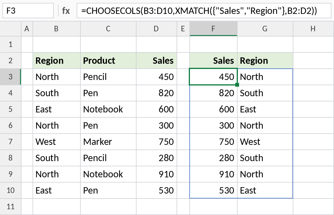 Excel CHOOSECOLS with XMATCH picking columns by header name