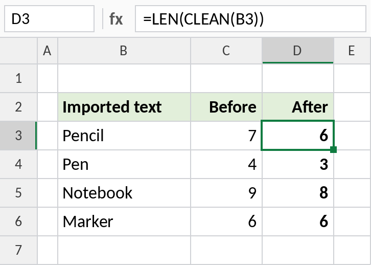 Excel LEN before and after CLEAN showing hidden characters in imported text