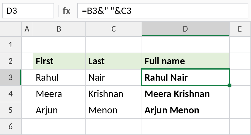 Excel formula combining first and last name with a space