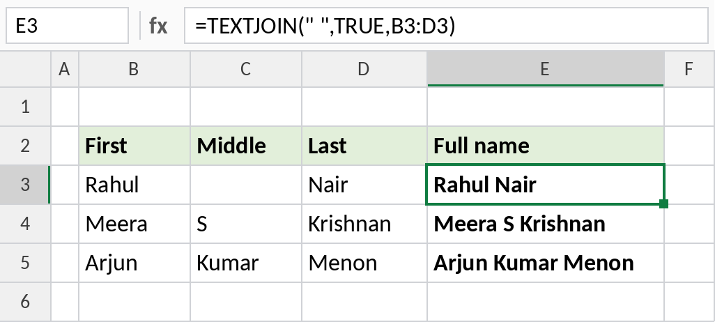 Excel TEXTJOIN combining first, middle and last names while skipping blanks