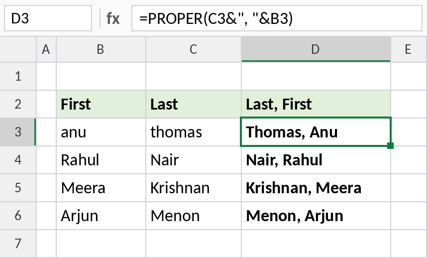 Excel formula combining names as Last, First in proper case
