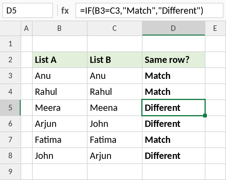 Excel IF comparing two columns row by row