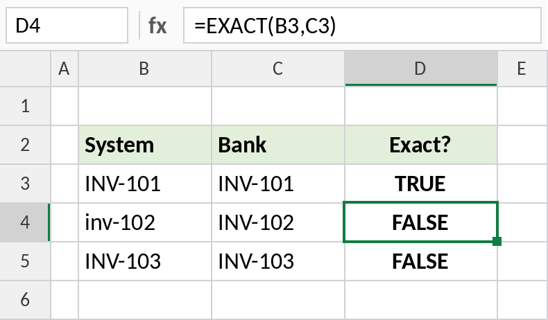 Excel EXACT comparing two columns with case sensitivity and hidden spaces