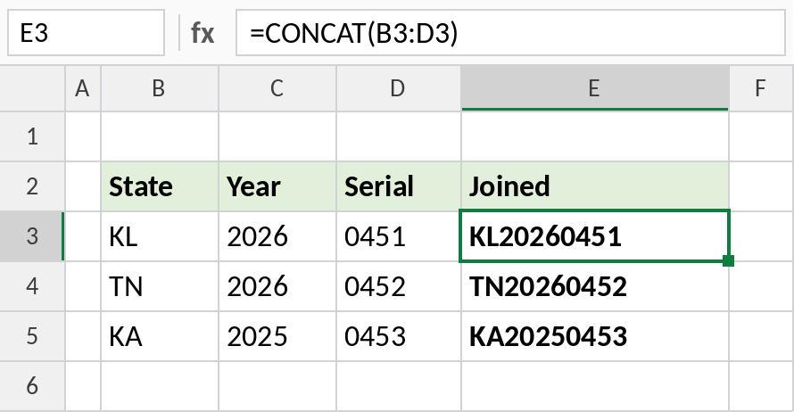 Excel CONCAT joining a range of three cells into one code