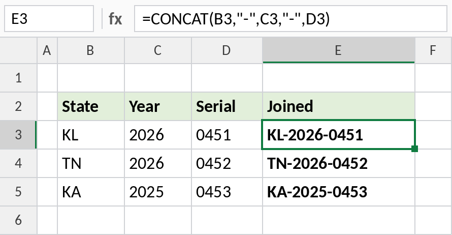 Excel CONCAT joining cells with dashes between them