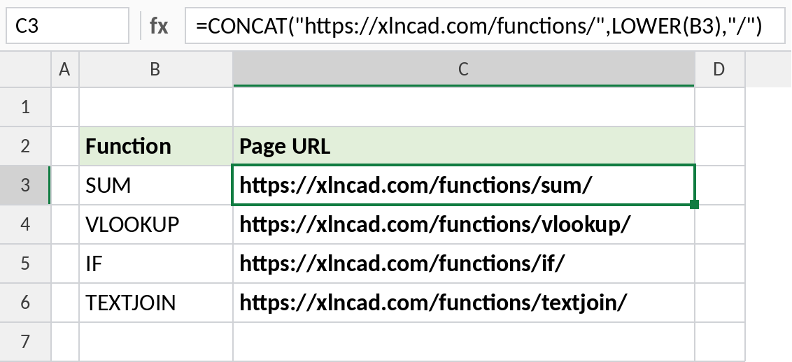 Excel CONCAT building page URLs from function names