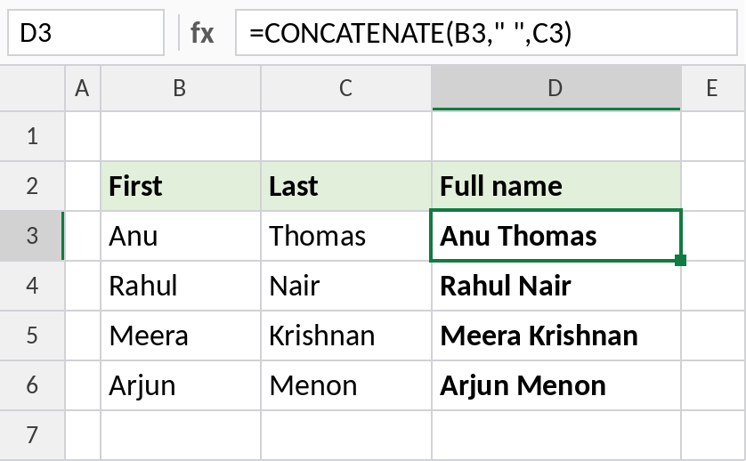 Excel CONCATENATE joining first and last names with a space