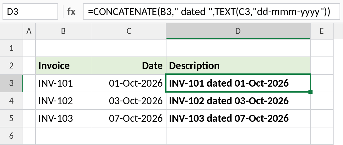 Excel CONCATENATE joining an invoice number with a formatted date