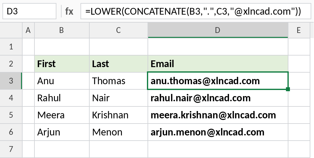 Excel CONCATENATE and LOWER building email addresses from names