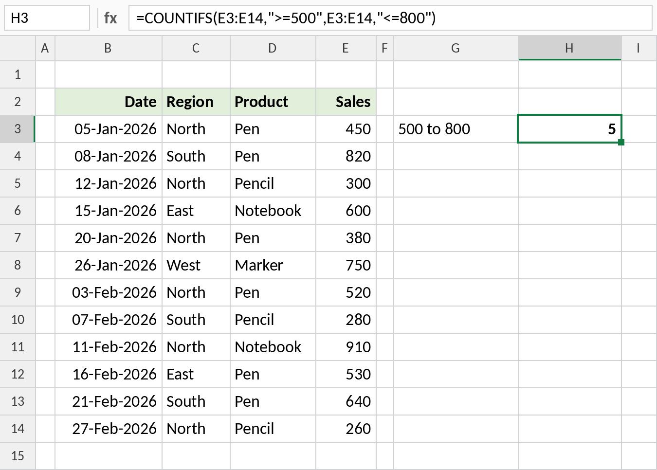 Excel COUNTIFS counting sales between 500 and 800, result 5