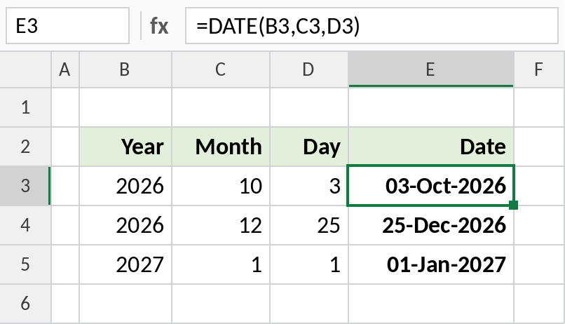 Excel DATE building dates from year, month and day columns