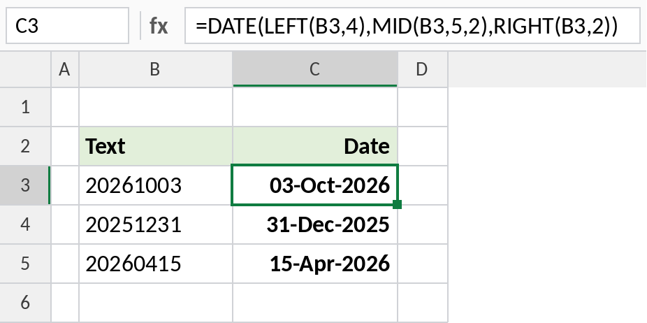 Excel DATE with LEFT, MID and RIGHT converting yyyymmdd text to dates