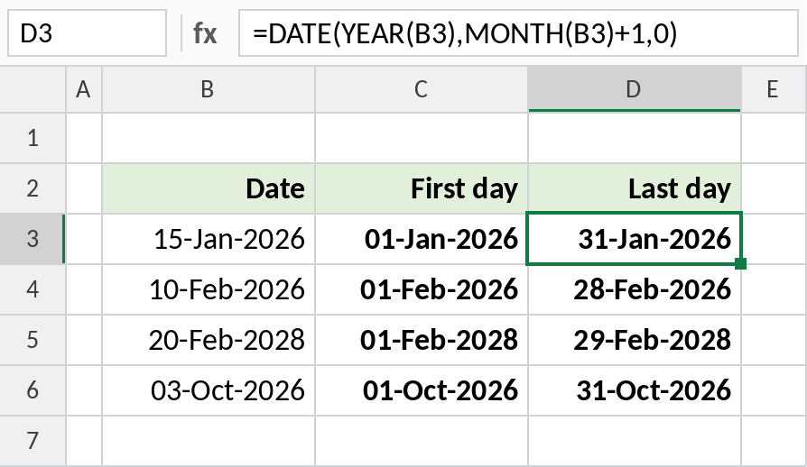 Excel DATE returning the first and last day of each month