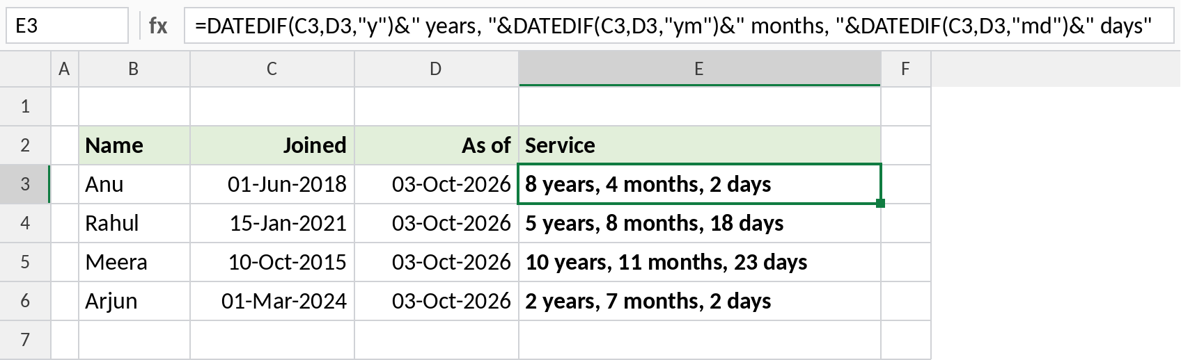 Excel DATEDIF showing service as years, months and days