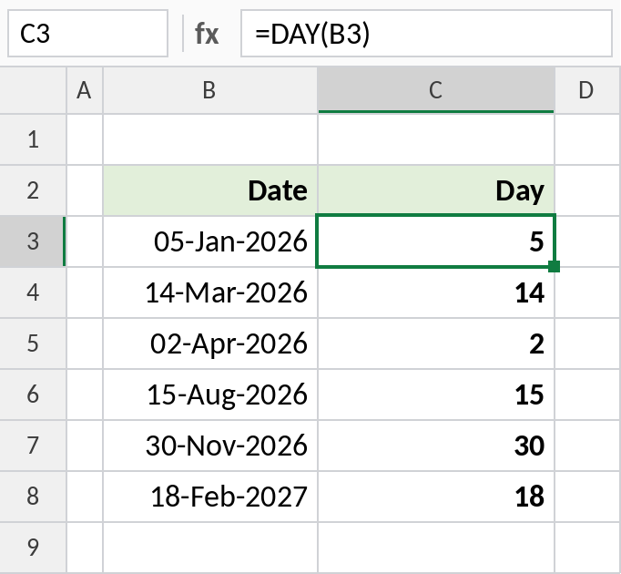 Excel DAY function returning the day of the month