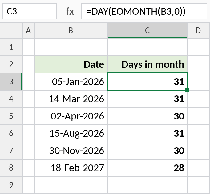 Excel DAY and EOMONTH returning the number of days in each month