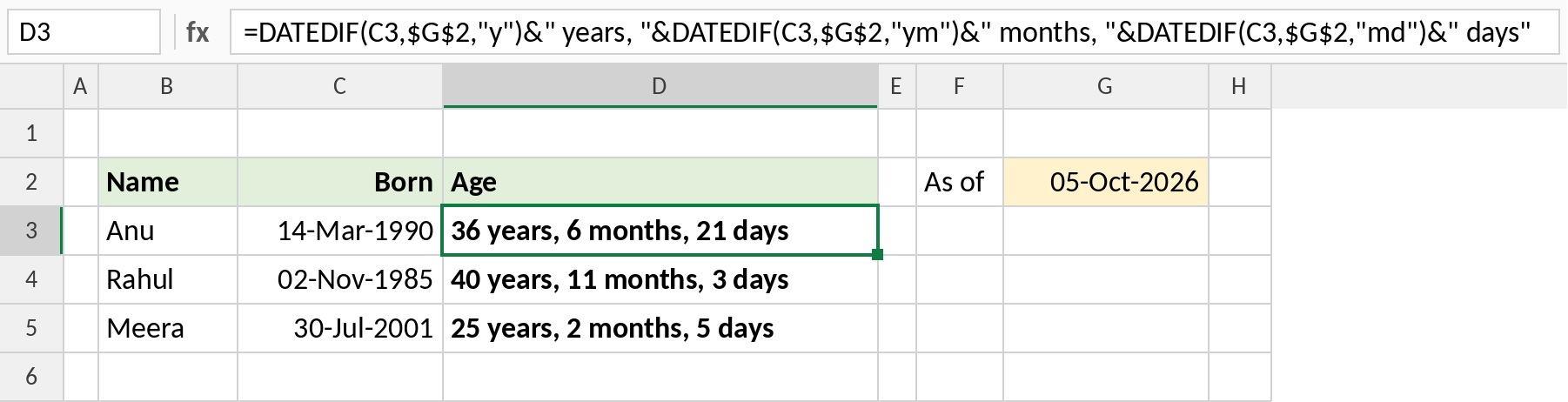 Excel DATEDIF showing age in years, months and days