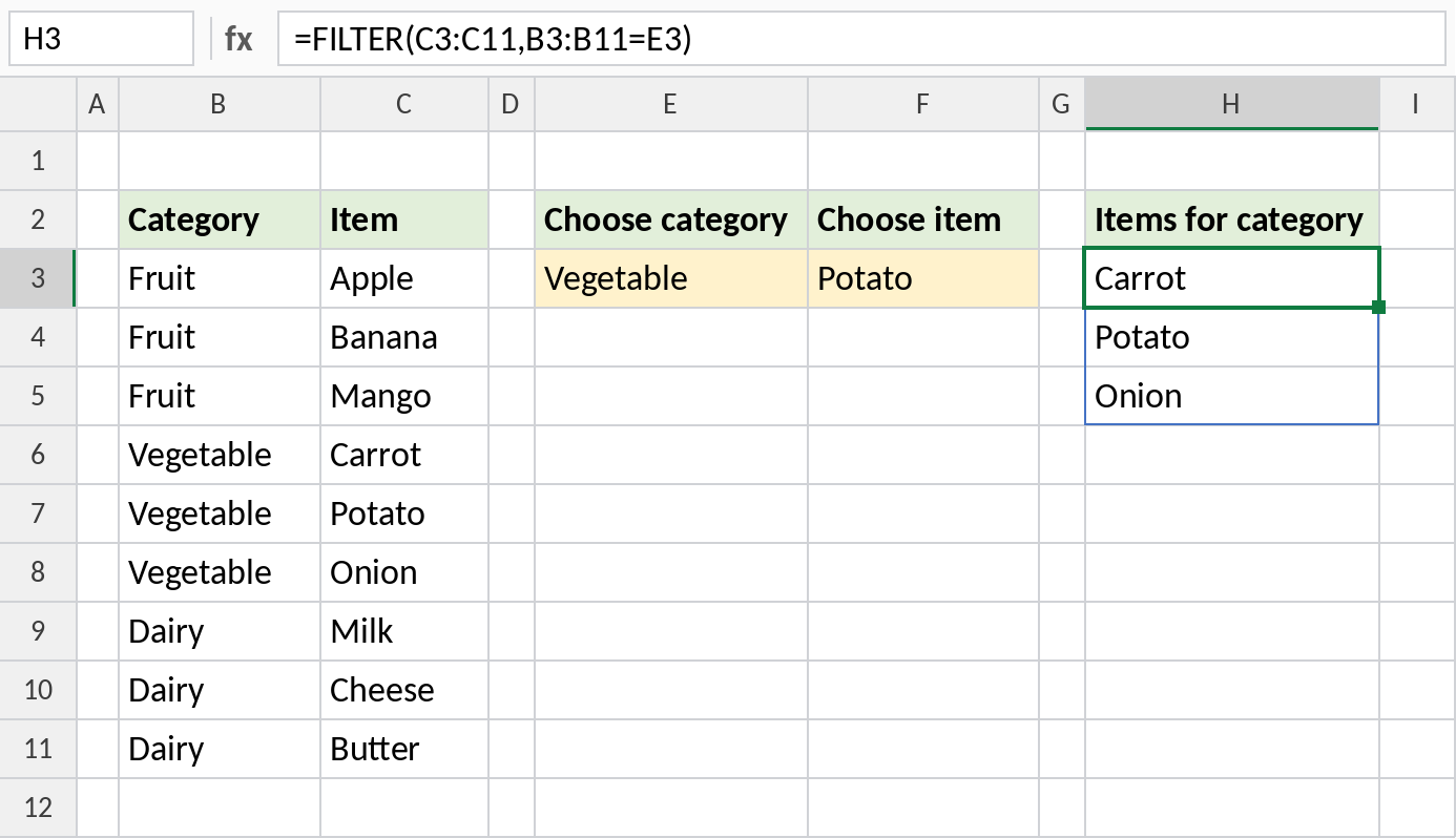 Excel FILTER returning the items for the selected category for a dependent drop-down list