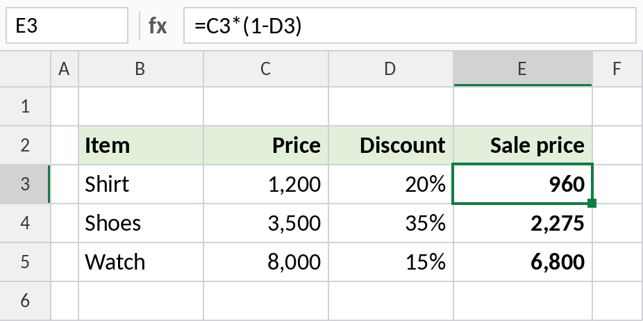 Excel formula calculating sale prices after a percentage discount