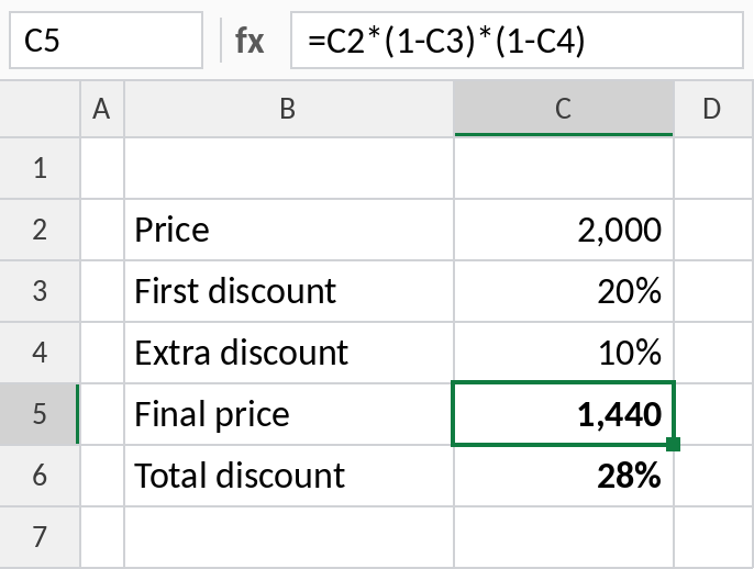 Excel formula applying two successive discounts