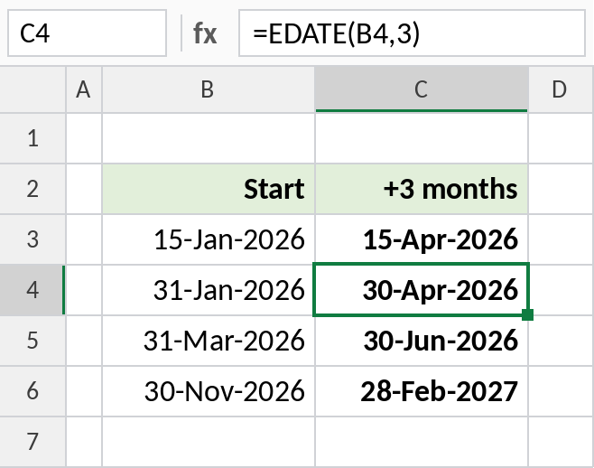 Excel EDATE adding three months to dates, including month-end dates
