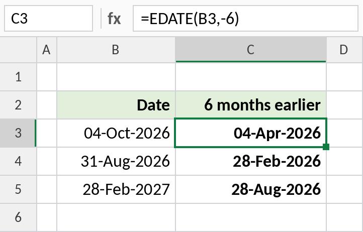 Excel EDATE subtracting six months from dates
