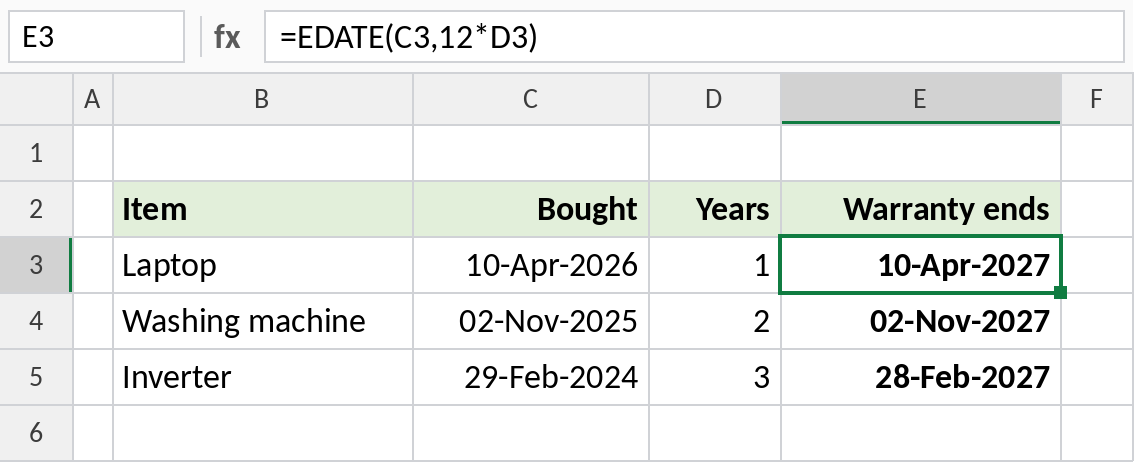 Excel EDATE calculating warranty end dates from purchase dates and years