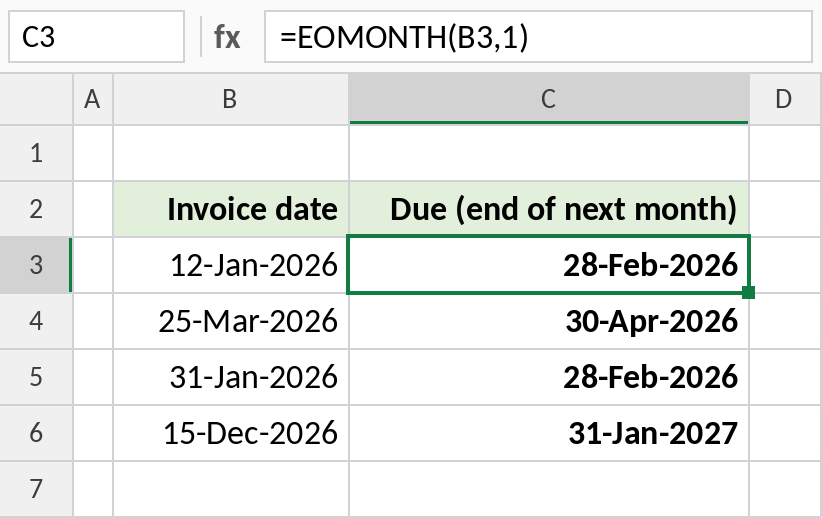 Excel EOMONTH calculating due dates at the end of the next month