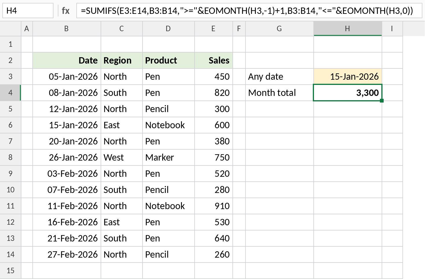 Excel SUMIFS with EOMONTH totalling sales for the month of a given date