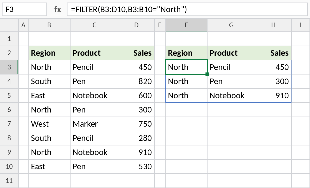 Excel FILTER returning all North rows, spilling into three rows