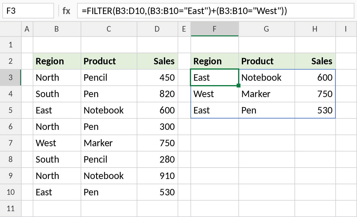 Excel FILTER with OR logic returning East or West rows