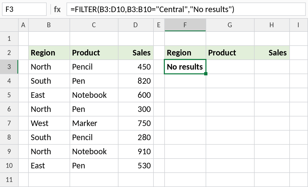 Excel FILTER showing No results when nothing matches