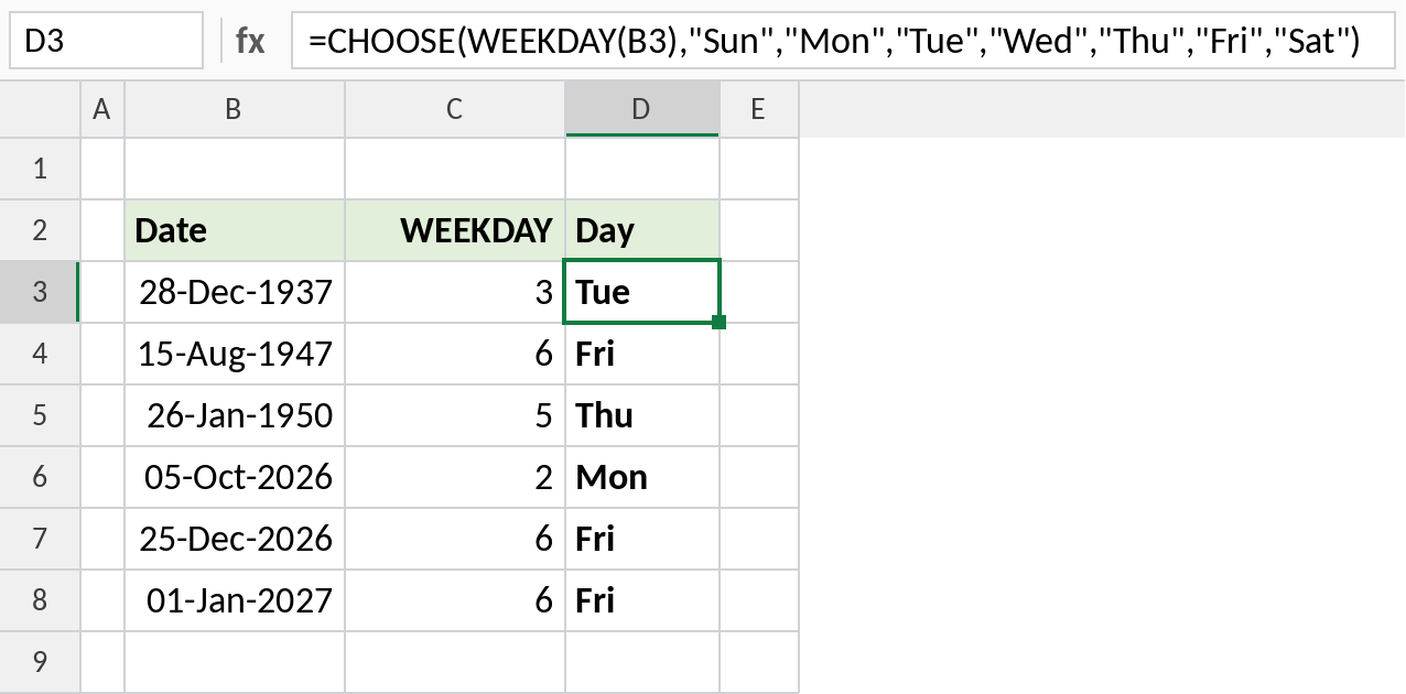 Excel WEEKDAY and CHOOSE returning short day names