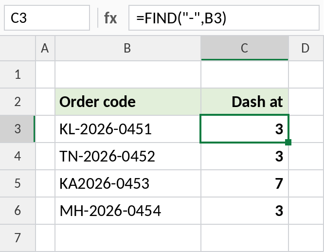 Excel FIND returning the position of the first dash in order codes