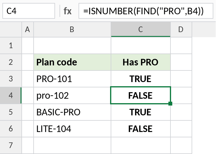 Excel ISNUMBER and FIND checking for uppercase PRO in plan codes