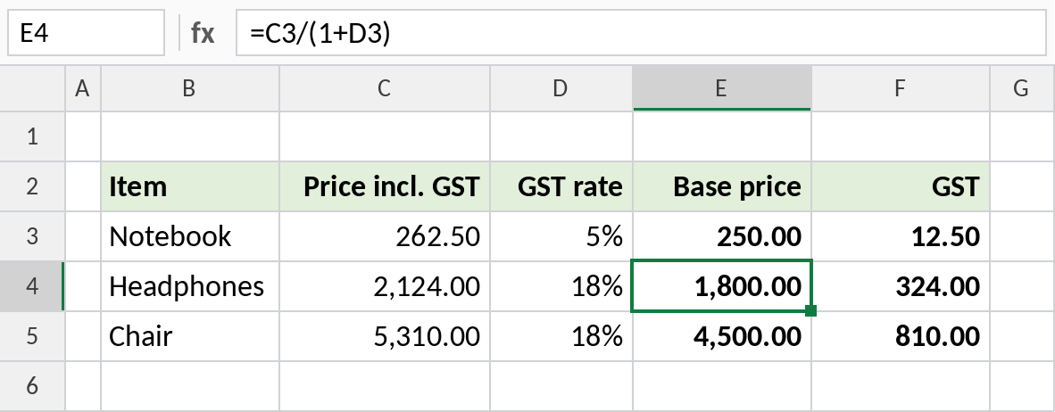 Excel formulas removing GST from an inclusive price